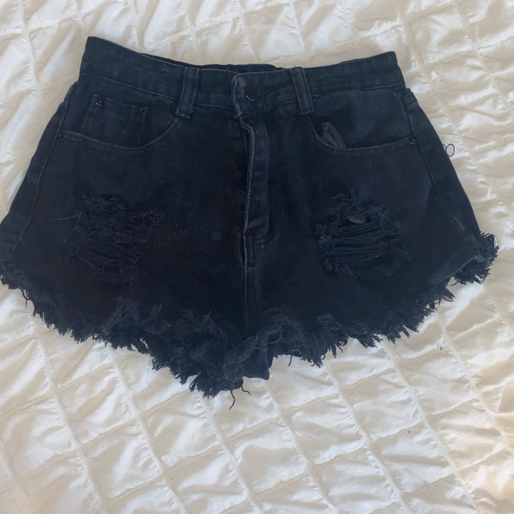 Black distressed denim shorts